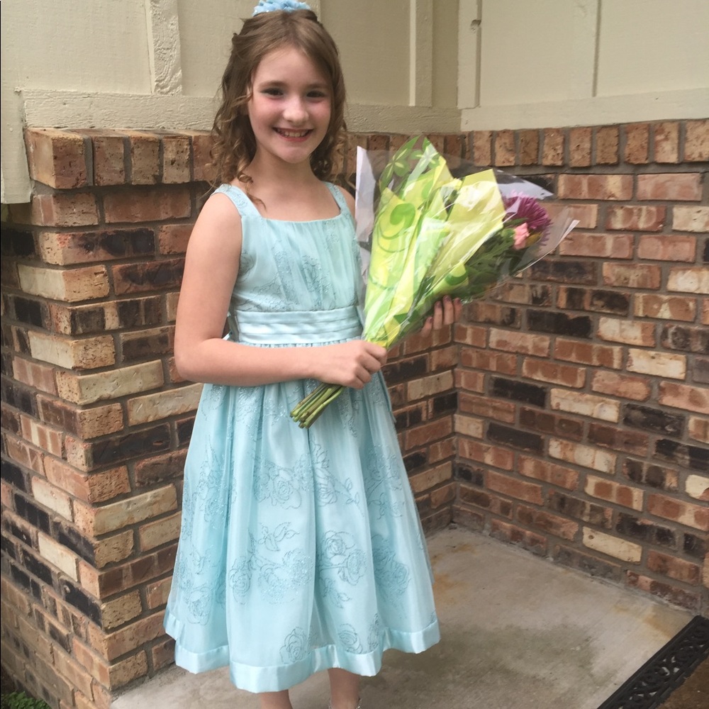 Girls aqua glitter semi formal dress